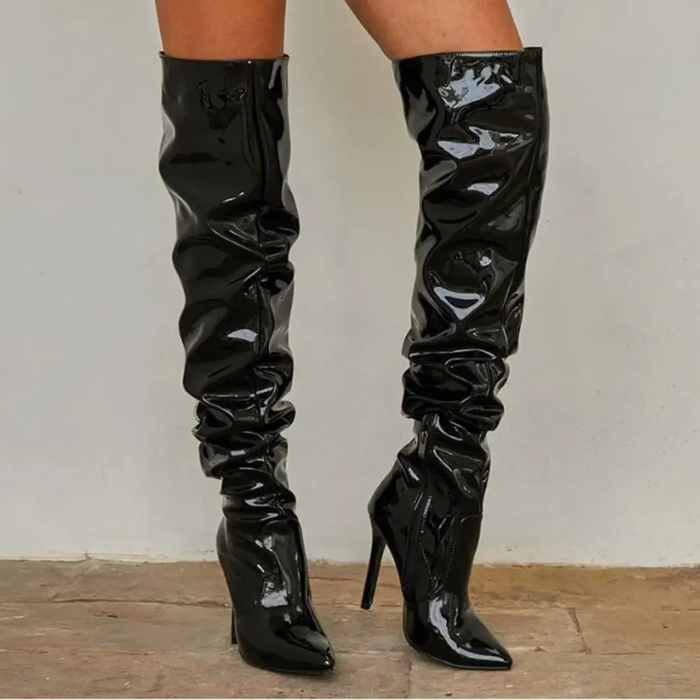Sleek Black Patent Leather Over-the-Knee Stiletto Pointy Toe Boots Size 40